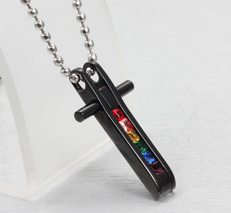 LGBTQ Pride Cross Necklace - Stainless Steel Rainbow Pendant Jewelry For Men & Women